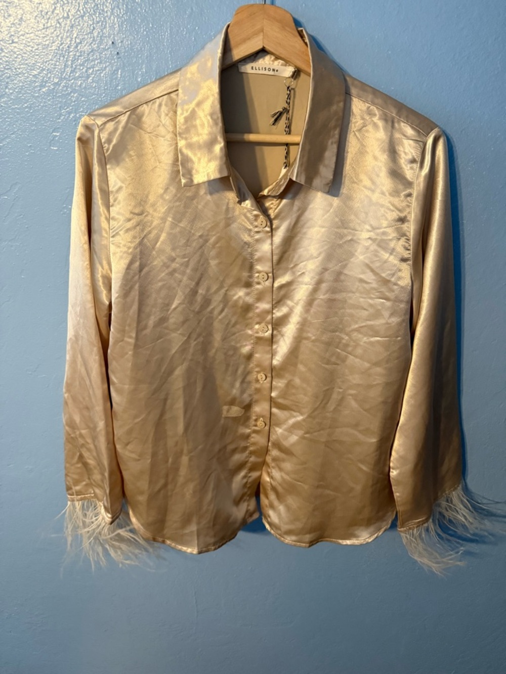 Ellison Champagne Satin Button-Down with Feather Trim